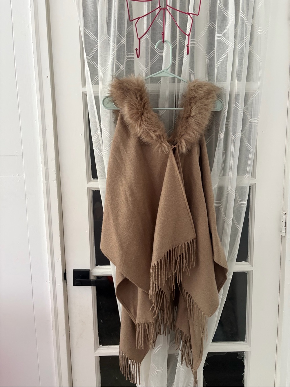 Talbots Camel Fringe Poncho with Faux Fur Collar